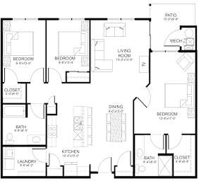 A black and white image of a floor plan for a house.