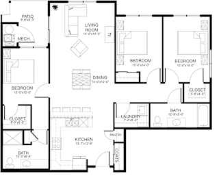 A black and white floor plan of a house with labeled rooms.