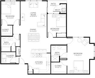 A black and white image of a house floor plan.