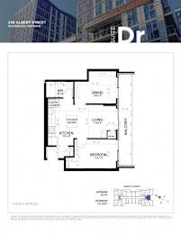 A floor plan for a 2 bedroom, 2 bathroom apartment at 239 Albert Street, Waterloo, Ontario.