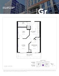 A floor plan for a suite at 239 Albert Street in Waterloo, Ontario.