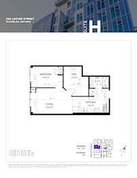 A floor plan for a suite at 258 Lester Street in Waterloo, Ontario, showing a bedroom, living room, kitchen, and bathroom.