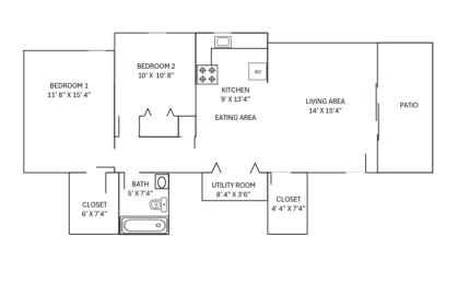 floor plan of a 2 bedroom 1 bathroom unit