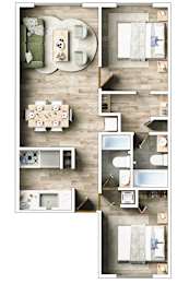 A top-down view of a room with a dining table, couch, and a kitchen area.