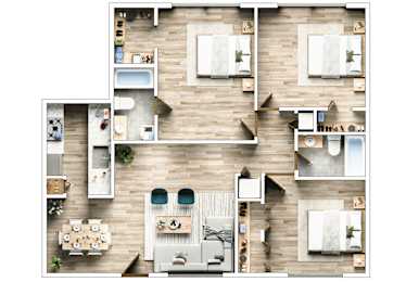 A top-down view of a house layout with a kitchen, living room, and bedrooms.
