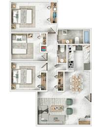 A floor plan of a house with a kitchen, living room, dining room, and bathrooms.