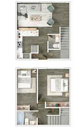 A floor plan of a two-bedroom apartment with a living room, kitchen, and bathroom.