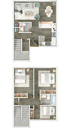 A floor plan of a two-story residential building with a living room, kitchen, and bedrooms.