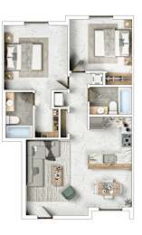 A floor plan of a house with a kitchen, living room, and bathrooms.