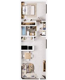 A top-down view of a small apartment with a kitchen, living room, and bathroom.