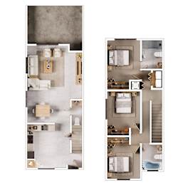 A floor plan of a two-story apartment with a living room, kitchen, dining room, and bedrooms.