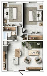 A top-down view of a room layout with furniture and decor.