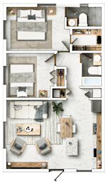 A floor plan of a house with a bedroom, living room, and kitchen.