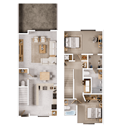 A floor plan of a house with two bedrooms, a living room, a kitchen, and a bathroom.