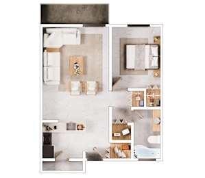 A floor plan of a modern apartment with a kitchen, living room, and bathroom.