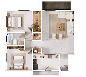 A top-down view of a house layout with multiple rooms and furniture.