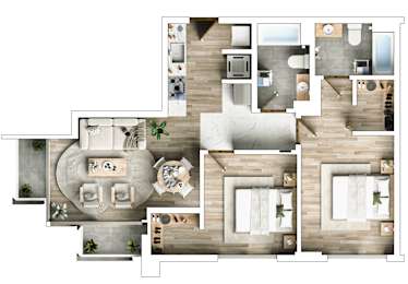 A floor plan of a house with a living room, kitchen, dining room, and bathrooms.