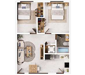 A top-down view of a room with a bed, a desk, a chair, a couch, a coffee table, a bookshelf, a kitchenette, and a bathroom.