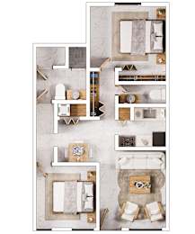 A top-down view of a modern living room with a kitchen area.