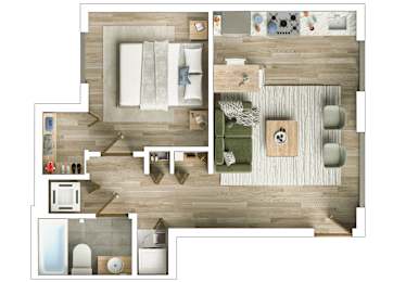 A top down view of a living room with a couch, a coffee table, and a rug.