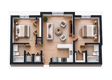 A top-down view of a house layout with a living room, kitchen, and bathrooms.