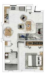 A floor plan of a house with a kitchen, living room, dining room, and bathroom.