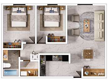 A collage of a bedroom with a bed, chair, and a table with a vase on it.