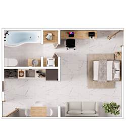 A collage of a modern living room and kitchen area.