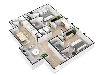 A 3D floor plan of a house with a kitchen, living room, and bedrooms.