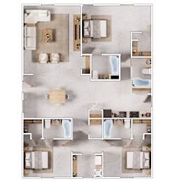 A top-down view of a house layout with multiple rooms and bathrooms.