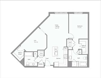 A floor plan of a house with a living room, two bathrooms, a kitchen, a dining room, and a walk-in closet.