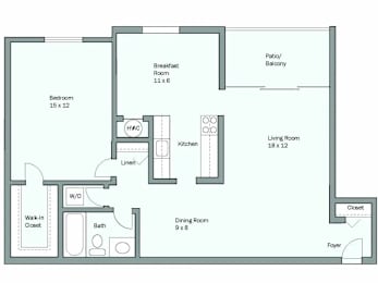 A floor plan of a house with a bedroom, bathroom, living room, dining room, kitchen, breakfast room, and foyer.