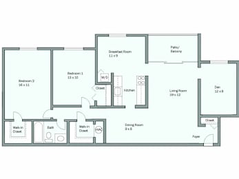 A floor plan of a house with a living room, two bedrooms, a bathroom, a breakfast room, a pantry, a den, a foyer, and a kitchen.