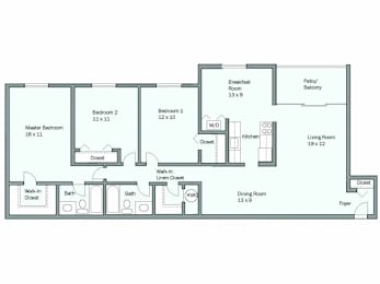 A floor plan of a house with a living room, two bedrooms, a bathroom, a kitchen, and a foyer.