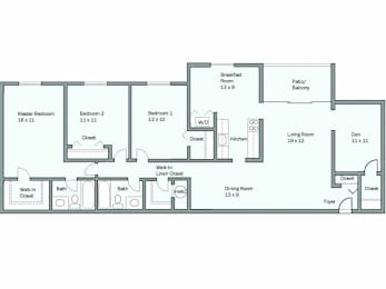 A floor plan of a house with a master bedroom, two bathrooms, a living room, a dining room, a kitchen, a breakfast room, a patio, and a foyer.