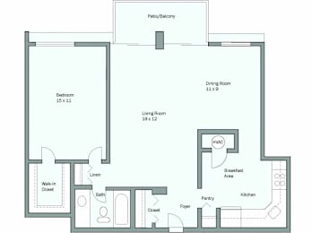 A floor plan of a house with a living room, dining room, kitchen, and bedrooms.