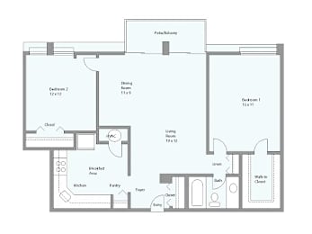 A floor plan of a house with labeled rooms such as Bedroom 2, Dining Rooms, Kitchen, and Bath.