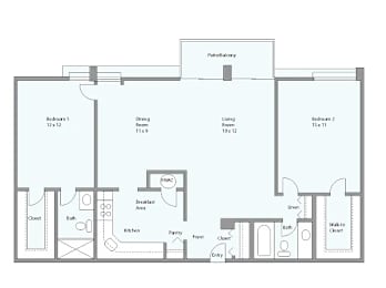 A floor plan of a house with a breakfast area, kitchen, two bathrooms, two bedrooms, a living room, and a pantry.
