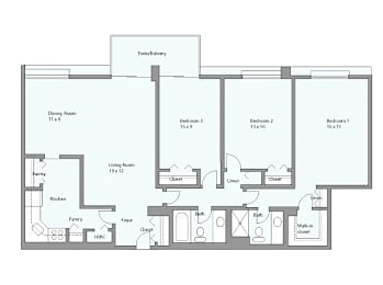 A floor plan of a house with a living room, dining room, kitchen, and three bedrooms.
