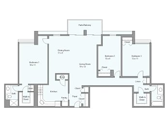 A floor plan of a house with labeled rooms such as Bedroom 1, Kitchen, and Bath.