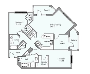 A floor plan of a house with two bedrooms, a living area, a kitchen, a bathroom, a foyer, and a balcony.