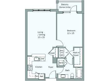 a floor plan of a studio apartment with a bedroom and a living room