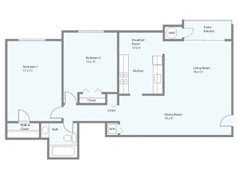 a floor plan of a living room with a transition to a bedroom