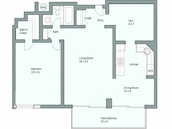 a floor plan of an apartment with a bedroom and a living room