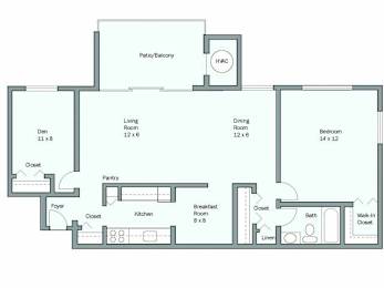 A floor plan of a house with a living room, dining room, kitchen, pantry, and several closets.