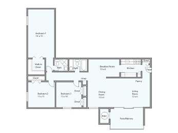 A floor plan of a house with labeled rooms and dimensions.