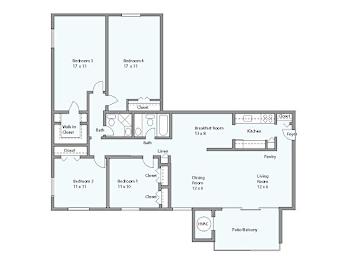 A floor plan of a house with two bedrooms, a living room, a dining room, a kitchen, a bathroom, a breakfast room, a pantry, and a laundry area.