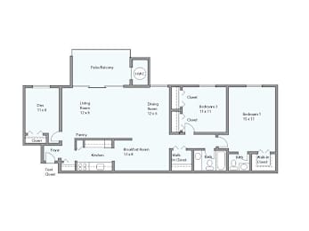 A floor plan of a house with a den, two bedrooms, a living room, a dining room, a kitchen, a breakfast room, a foyer, a coat closet, and a patio/balcony.
