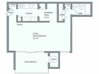A floor plan of a house with a living room, pantry, kitchen, breakfast room, closet, bath, and HVAC.