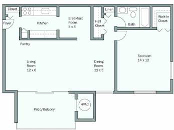 A floor plan of a house with a living room, dining room, kitchen, breakfast room, pantry, bedroom, bathroom, and HVAC.
